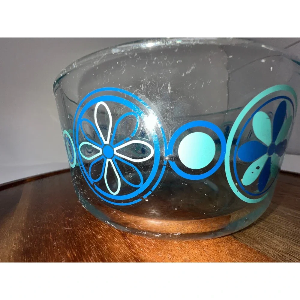 Pyrex Blue Mod Flowers Glass Bowls Set of 2 Vintage Retro MCM Teal Cobalt